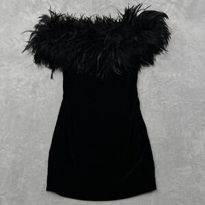 Dave & Johnny Size 4 Black Velvet Ostrich Feather Mini Dress VTG Cocktail NWT